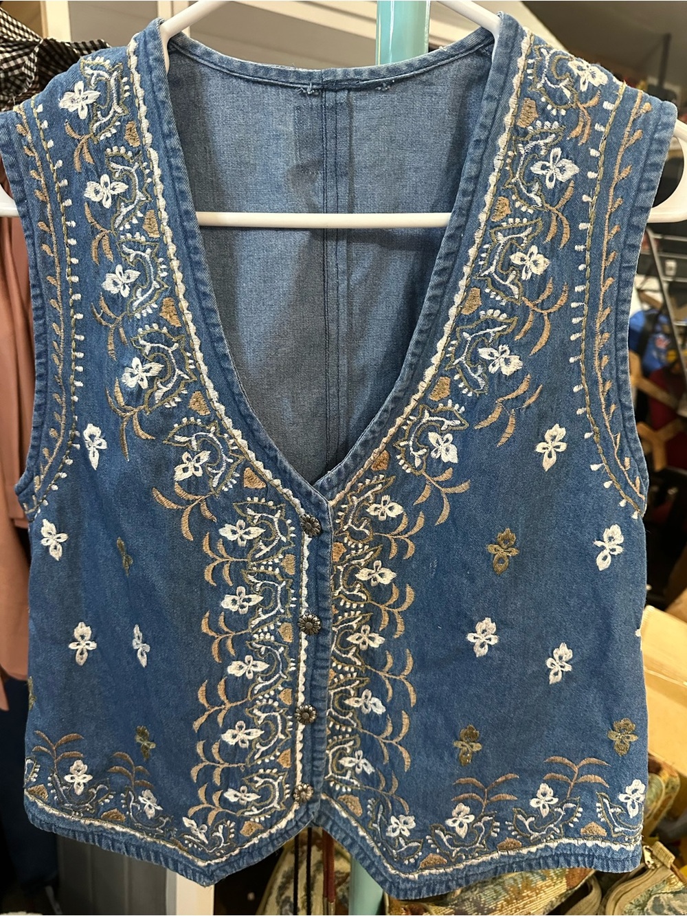 Vintage Embroidered Blue Denim Vest with Floral Detail - Women's Vest